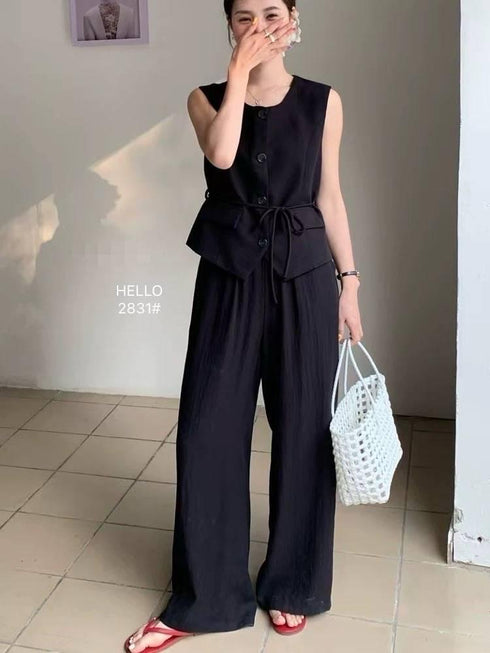 Round Neck Button Vest with Trousers Sets With Rope